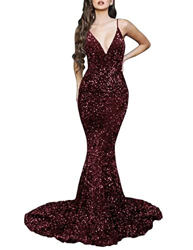 Amazon.com: Women's Deep V-Neck Sparkly Sequins Prom Dresses Long Spaghetti  Straps Mermaid Cocktail Dress Backless Evening Gowns Burgundy 14 :  Clothing, Shoes & Jewelry