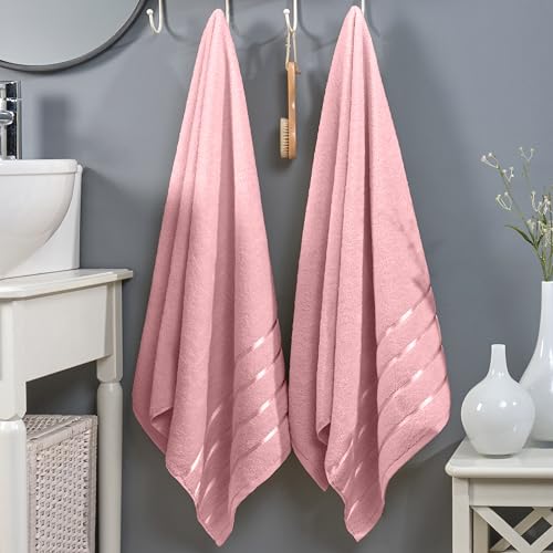 Image of Elegant Comfort 100% Turkish Cotton 4 Lines Viscose Stripe Luxury 2 Pack Bath Towel Set 27 x 54 Inch - Super Soft and Highly Absorbent Premium Hotel Spa Quality Towels for Bathroom Use, Dusty Rose