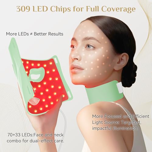 Image of Red Light Therapy for Face, LED Light Therapy Mask Skin Care Mask & Neck, LED Red & NIR Light Therapy Wavelength for Home Use, Working Travel Yoga Sleep green