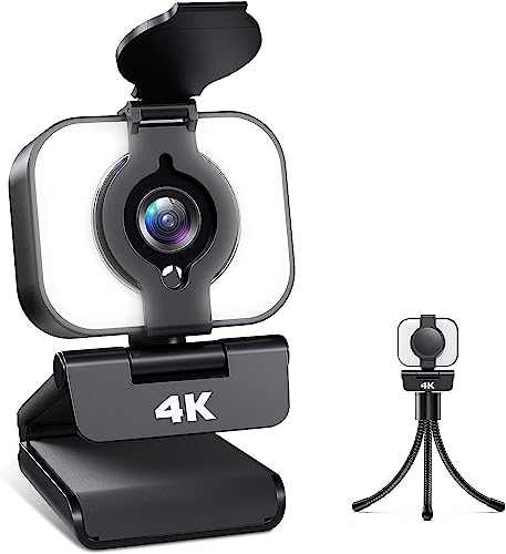 Webcam 4K, Webcam mit Mikrofon, FHD Facecam Streaming-Webcam mit Ringlicht, Stativ, Abdeckung, Web Kamera für PC Laptop Desktop Mac, Kamera PC für Live-Streaming, Videoaufnahme, Telearbeit, Konferenz