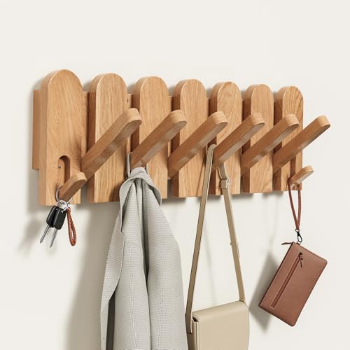 Solid Walnut Coat Rack Wall Mount, 16.5" Wood Wall Mounted Coat Rack with 8 Retractable Hangers,Heavy Duty Wooden Coat Hooks for Hanging Coats,Hats,Robe,Towels,Bags,Key Holder for Entryway,Natural
