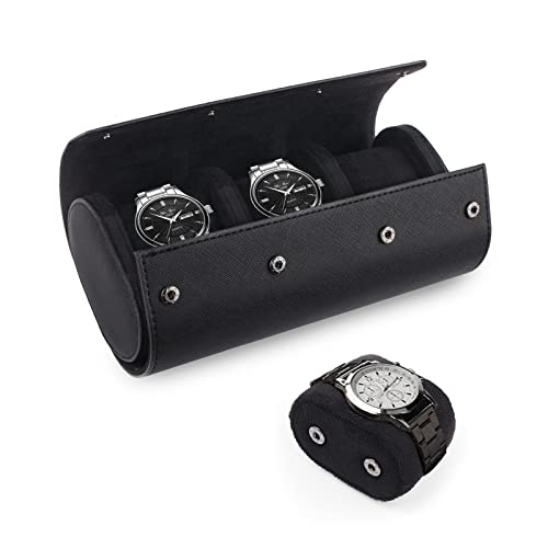 Gramiibeau Boîte de rangement pour montres en cuir synthétique Noir 3 montres, boîte de rangement portable cylindrique avec doublure en velours, boîtier de montre pour homme et femme, 23 x 10 x 7,5 cm Cover