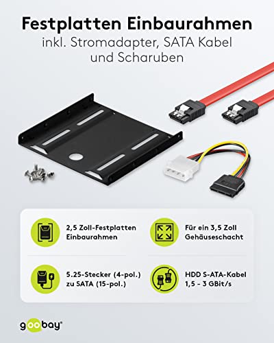goobay 64811 Festplatten Einbaurahmen SSD 2.5 auf 3.5 / Für den Einbau Einer 2,5" Festplatte in einen 3,5" Gehäuseschacht / SSD Halterung inkl.Stromadapter, SATA Kabel und Schrauben – Bild 3