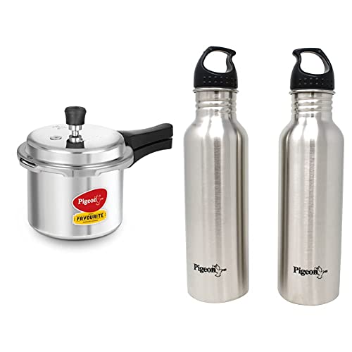 Image of Favourite Outer Lid Non Induction Aluminium Pressure Cooker, 3 litres, Silver & Stainless Steel Water Bottle, 750ml (Set of 2) Combo