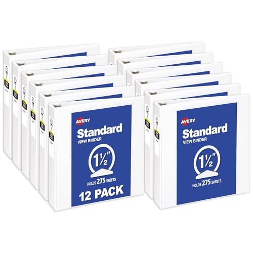 Avery Standard View 3 Ring Binders 1.5 Round Rings 275-Sheet Capacity 2.1 Inch Wide Spine White Binders Ideal for Lightweight Organization and Occasional Referencing (12-Pack of 05726)
