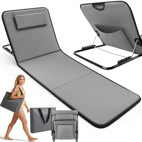 Cheffery Tumbona Plegable Reclinable, Tumbona de Playa Plegable y Ligera con 5 Posiciones, Reposacabezas, Tapa de Almacenamiento para la Playa Jardín Piscina Camping 155 x 50 cm, Soporta150 kg (Gris)