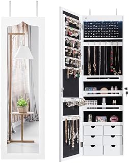 Multigot 5 LED Lights Jewelry Cabinet, Hanging or Wall Mounted Ornament Armoire, Full Length Mirror Lockable Makeup Storage Organizer, White