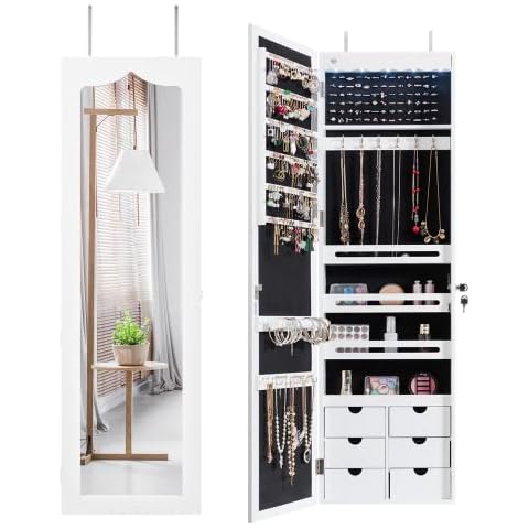 Multigot 5 LED Lights Jewelry Cabinet, Hanging or Wall Mounted Ornament Armoire, Full Length Mirror Lockable Makeup Storage Organizer, White Cover