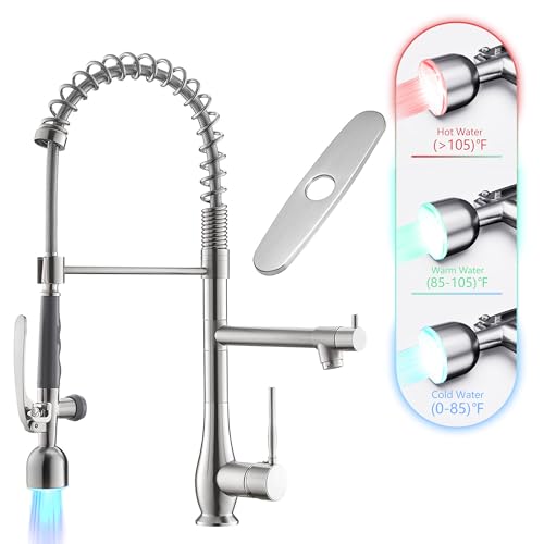GIMILI Kitchen Faucet with LED Single Handle Kitchen Sink Faucet with Pull Down Sprayer Commercial Double-Headed Stainless Steel Kitchen Faucets Sink with Deck Plate, Brushed Nickel