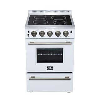 Forno Loiano 24" Electric Range with Antique Brass Handle & 6,000W Cooktop, 2.30 cu. ft. Oven With Built-In Air Fryer Basket, Single-Element Broiler, Preheat Indicator & Storage Drawer - White
