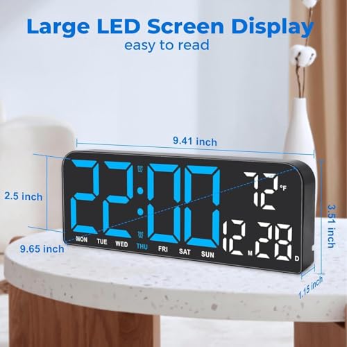 Image of 9 inch LED Digital Wall & Table Clock with Day, Date & Temperature, Dual Alarm, Countdown Timer, 4-Level Dimmable Brightness, 12 /24H Format, USB Powered Large Display for Home & Office (Blue)