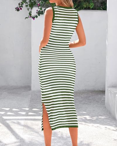 Image of Zenlonr Women's Sleeveless Summer Dresses 2025 Casual Crochet Knit Sundress Striped Long Tank Dress Beach Slip Dress