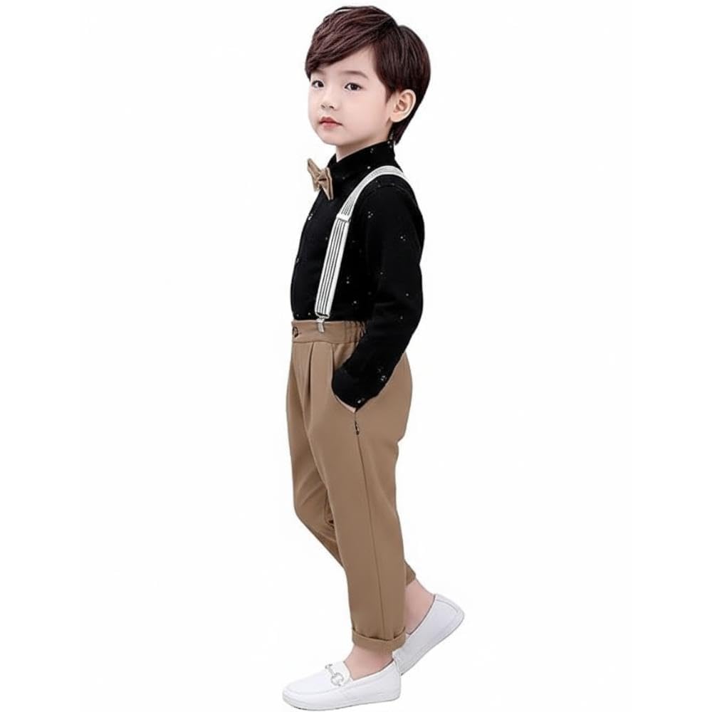 ROYALICA Kinderkleidung für Jungen, Baumwollmischgewebe, einfarbig, langärmelig, Hemd und Hose, Set mit Strapsen und Fliege, Bekleidungsset für Jungen.