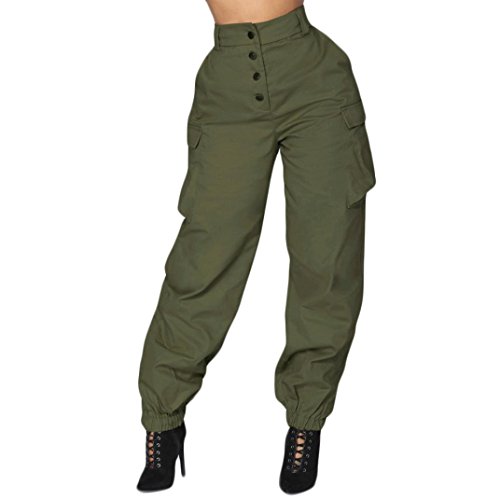 Pervobs Women Pants, Big Pants for Women Casual High Waist Harem Bottoms Solid Elastic Waist Pants with Pockets (M, Army Green)