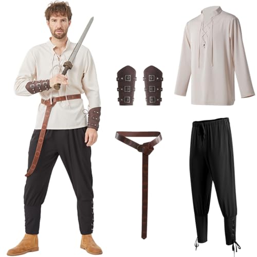 LUTICELI 4 Pcs Men's Renaissance Costume Set Medieval Viking Shirt Ankle Banded Pants Accessories for Halloween (Khaki+Black, Small)