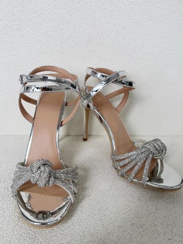 Frankie Hsu Ladies Girl Crystal Gems Strappy Stiletto High Heeled Sandals, Silver Patent Rhinestone Bow Knot, Big Large Size US5-19 Unisex Shoes For Women Men4