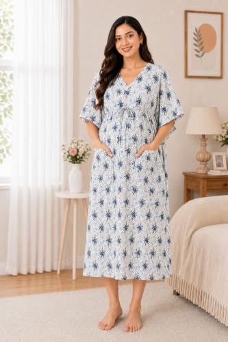 Image of Noty Women's- Kaftan | Maxi | Maternity | Feeding | Delivery Gown- Cotton Fabric- V Neck | Floral Print | 2 Pockets | Midi