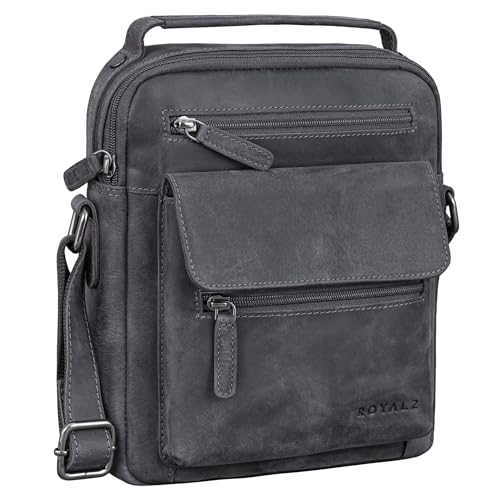 ROYALZ 'Chandler' - Bolso bandolera para hombre, de piel, tamaño pequeño, perfecto para el día a día, varios compartimentos, estilo vintage, piel auténtica, Azul Marino Gris, small