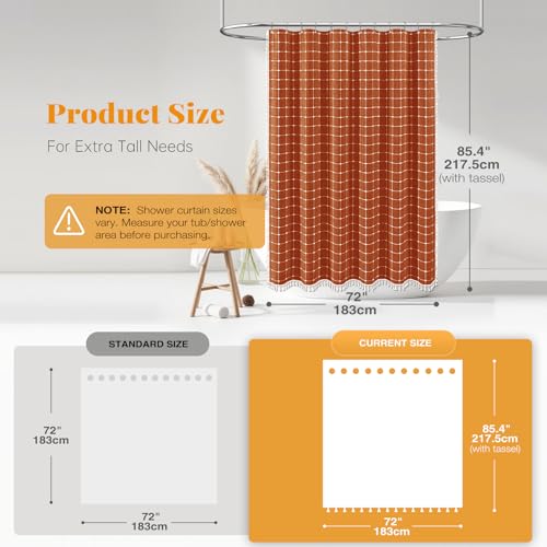 Image of BTTN Extra Long Shower Curtain - 72x84 Inch Long Boho Chic Tassel Linen Fabric Shower Curtain Set with Hooks, Tall Modern Farmhouse Elegant Heavy Duty Cloth Shower Curtains for Bathroom - Burnt Orange
