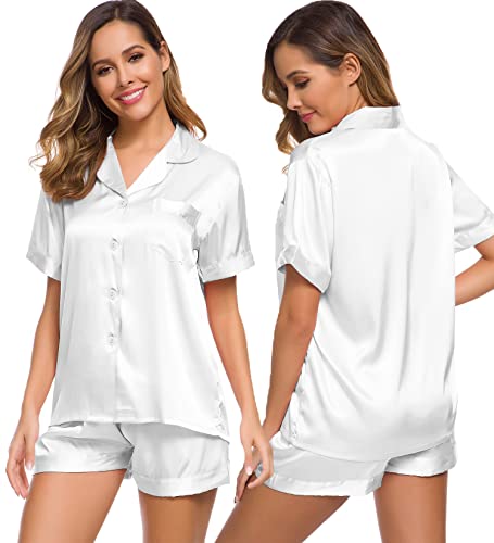 Image of SWOMOG Womens Silk Satin Pajamas Set Short Sleeve Sleepwear Button Down Top and Shorts Loungewear 2 Piece Pjs Set XS-3XL