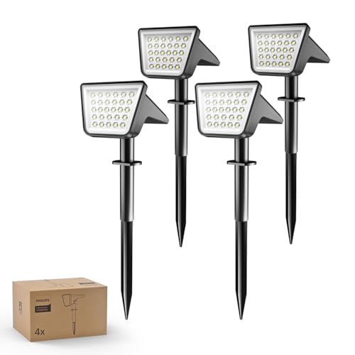 Philips Lot de 4 Projecteurs Spots Lampes Solaires d'Extérieur Étanches, 28 LED 7500K, Éclairage Paysager pour Jardin, Allée et Pelouse, Fonction Crépuscule à...