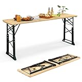 Goplus Folding Picnic Beer Table, 66.5” Outdoor Camping Table with Adjustable Heights, Umbrella Hole and Wood Top, Rectangular Portable Picnic Table for Patio Garden Party Backyard, No Assembly