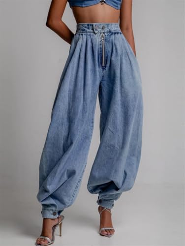 Women Spring High Waist Zipper Denim Loose Harem Trousers Jeans Female Vintage Balloon Pants3