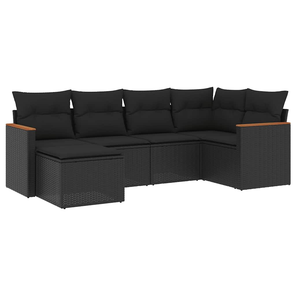 Set di mobili da giardino modulari in polyrattan nero, 6 pezzi, con cuscini e vano portaoggetti