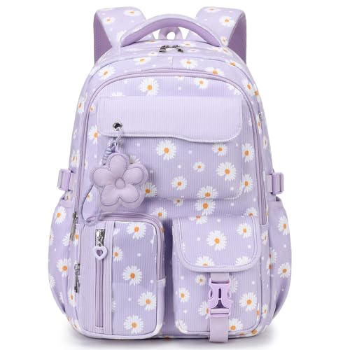 MUSEVOS Girls School Backpack for Kids Cute Kawaii Corduroy Bookbag Large Capacity Multi-Pocket School Bag Purple Daisy