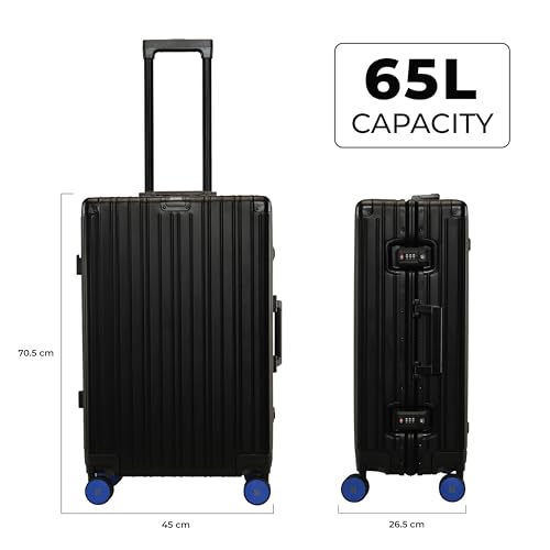 Image of EUME 100% Aluminium Trolley Bag for Travelling| 60cm Luggage Trolley Bag Medium Size for Travel| 8 Silentrun 360 Degree Spinner Wheels System| Premium Trolley Bag for Travel (Black with Blue Wheels)