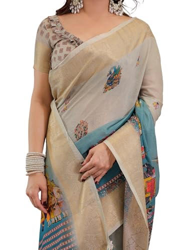 Image of ALMAARI FASHION Handloom Cotton Saree, Beige and Turquoise with Traditional Prints, Silver Zari Border, 5.5 Metre with Blouse Piece