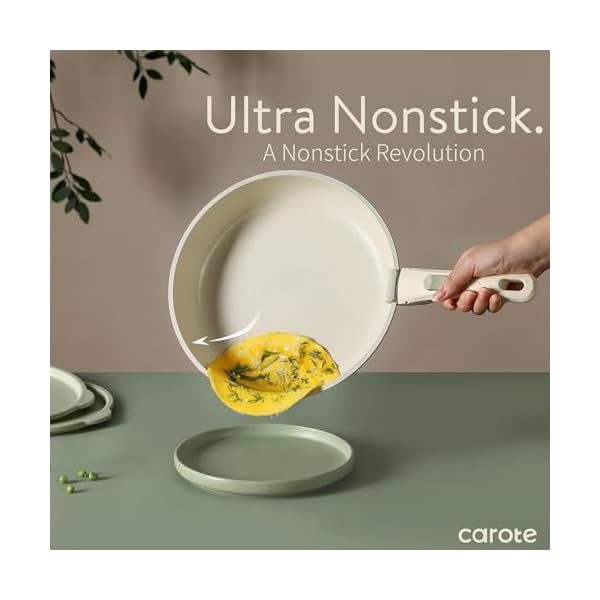 CAROTE Pots and Pans Set, Nonstick Cookware Set Detachable Handle, 15pcs Induction Kitchen Cookware Sets Non Stick with Removable Handle, RV Cookware Set, Oven Safe, Sage Green - Image 4