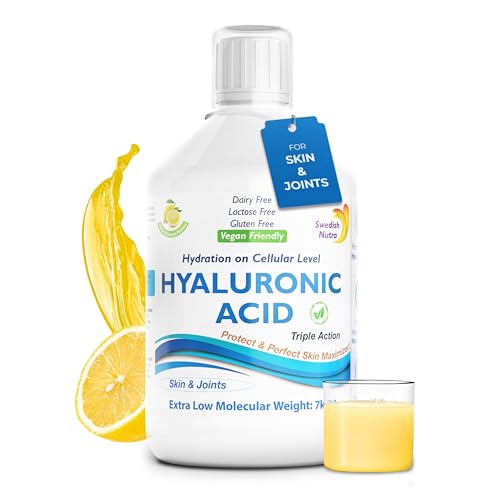 Swedish Nutra - Hyaluronic Acid Liquid Supplement - Pack of 500 ml, 33 Day Supply | Plus Vitamin C & Silica for Skin & Joint Hydration | Vegan & Free from Sugar & Gluten | 100% Natural Lemon Flavour