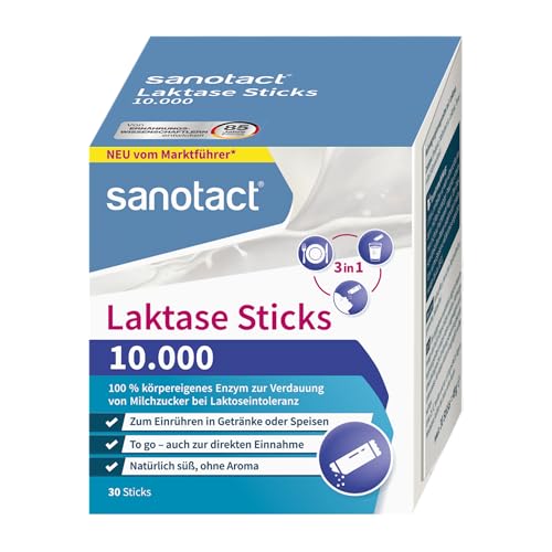 sanotact Laktase Sticks 10.000 – 30 Sticks – 3-in-1 Laktase Pulver zur Unterstützung bei Laktoseintoleranz – Sofortwirkung – ohne Aroma – direkt, im Getränk oder Essen einnehmbar