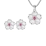 925 Sterling Silver Cherry Blossom Ladies Valentine Jewellery Set - Matching Pink Crystal Flower Necklace and Stud Earrings - 45cm Chain - with Gift Box.