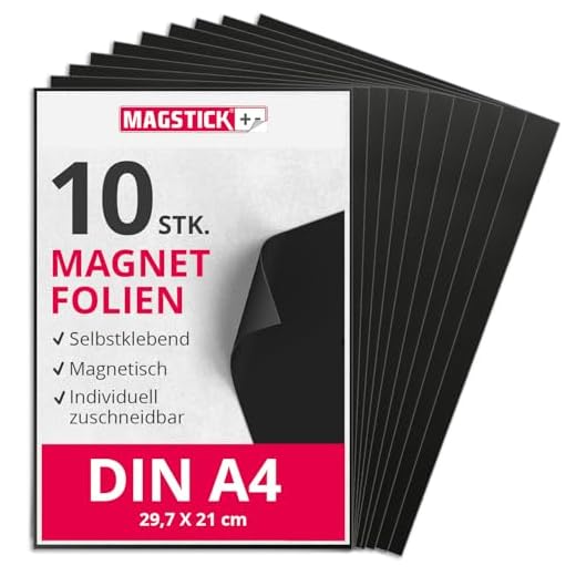 Magstick Magnetfolie 10 Stück I DIN A4 I Magnetklebefolie I flexibel selbstklebend zuschneidbar magnetisch beklebbar I zum Basteln ordnen I Stanzen Aufbewahrung Magnetbogen Fotomagnet I mag285