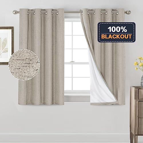 Image of PrinceDeco Linen Blackout Curtains 100% Blackout Curtains for Bedroom Grommet Room Darkening Curtains & Drapes Thermal Insulated White Liner Noise Reducing Window Treatment Drapes,52 inch W x 54 inch L,Stone