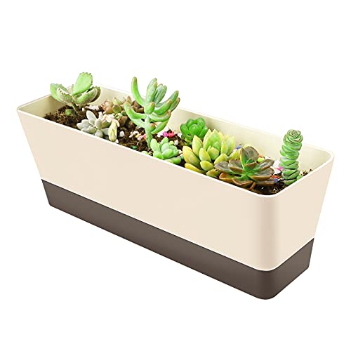 GREANER Planter Windowsill Box, 1 Pack 12x3.8 Inch Herb Rectangle Planter with Tray, Modern Indoor Succulent Cactus Plastic Plant Pot for Windowsill, Garden Balcony, Home Office Outdoor Decoration