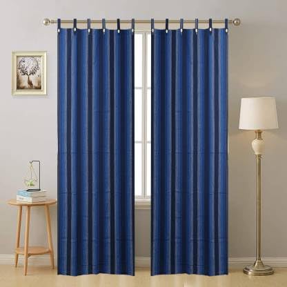 Image of Yaweh Cotton Striped Room Darkening Loop Type Door Curtain- 4 Ft X 6.75 Ft Set of 2 Pieces(Navy), Opaque, Tab Top Curtains (Navy, Door)