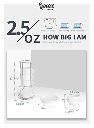 Sweese 2.5 Ounce Porcelain Stackable Espresso Cups With Saucers And Metal Stand Set Of 4, White - 404.401 #TOP1