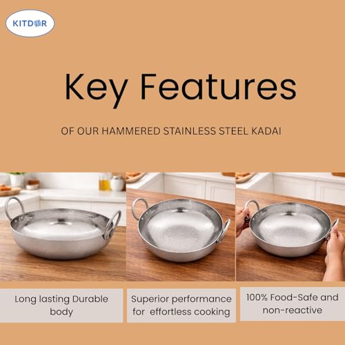 Image of Stainless Steel 4 Liter Kadhai with Sturdy Handle, Heavy Bottom Hammered Kadai for Even Heat, Ideal for Deep Frying & Daily Cooking, Rust-Resistant & Durable (4L, Handle)