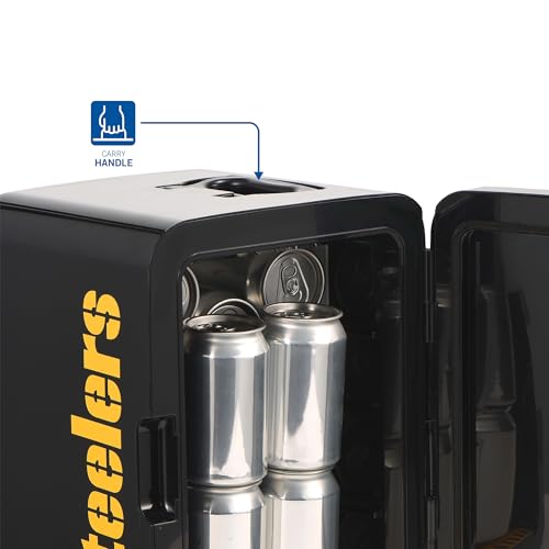 Image of Ukonic NFL Pittsburgh Steelers 15-Can Mini Fridge 10L - AC /DC Powered, Official Team Colors & Logo, Portable Cooler for Tailgates, Home, Office, or Car