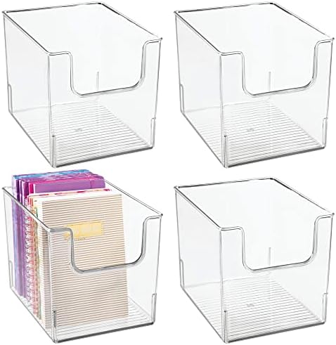mDesign Modern Plastic Open Front Dip Storage Organizer Bin Basket for Home Office Organization - Shelf, Cubby, Cabinet, Cupboard, and Closet Organizing Decor - Ligne Collection - 4 Pack - Clear
