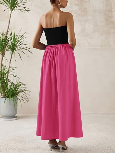 Image of PRETTYGARDEN Women 2026 Summer Elegant Strapless Maxi Dress Tube Top Dress A Line Flowy Long Wedding Party Cocktail Dresses(Black Rose Red,Large)