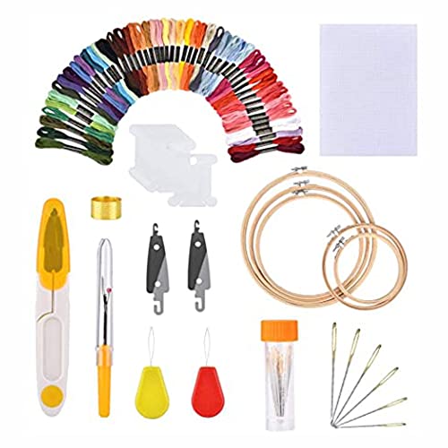 Kit Agulha Para Bordados Ponto Cruz + 5 Bastidores + Linhas 50 Cores