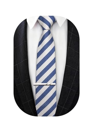 Image of Barry.Wang Skinny Ties for Men Wool Blend Herringbone Necktie with Tie Clip | Tie and Tie Clip Set, Cashmere Wool Stripe, 2.76 x 63 Inches, Extra Long Slim, Wedding Work Party Classic