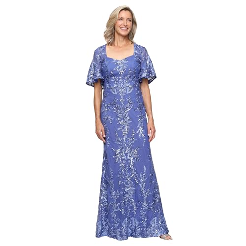 Image of Alex Evenings Womens Long Embroidered Mother of the Bride Dress with Sweetheart Neckline and Flutter Sleeves
