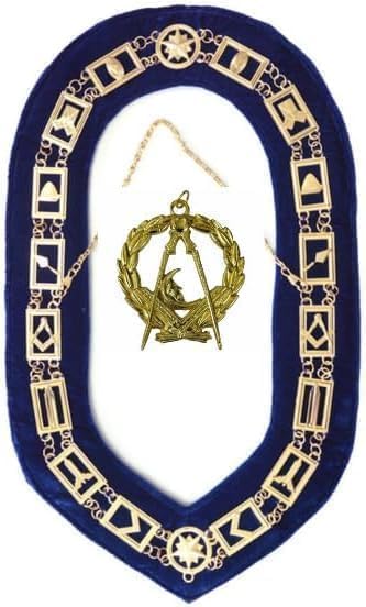 MASONIC BLUE LODGE OFFICER CHAIN COLLAR WITH Gold – Junior Deacon JEWEL - MASONIC REGALIA BLUE LODGE CHAIN COLLAR GOLDCHAIN AND BLUE BACKING