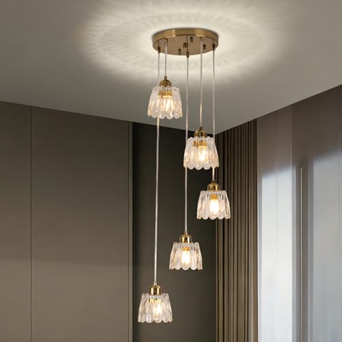 YPQXYHDA Long Chandeliers for High Ceilings, 5 Light Drop Modern Gold Glass Pendant Light E27 Lamp Kitchen Hanging Island Light for Staircase Foyer Living Room Bedroom Hallway