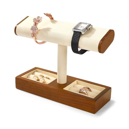 Solid Wood Watch Display Stand T-bar Watch Holder Organizer For Men And Women Jewelry Holder Stand Store And Home(Cream White)